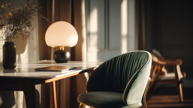 Minimalist office interior with modern table, black ceramic lamp casting soft shadow, MacBook Pro on white surface, dark green chair, wishbone chair in background, warm natural lighting