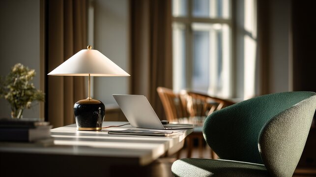 Minimalist office interior with modern table, black ceramic lamp casting soft shadow, MacBook Pro on white surface, dark green chair, wishbone chair in background, warm natural lighting