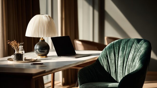 Minimalist office interior with modern table, black ceramic lamp casting soft shadow, MacBook Pro on white surface, dark green chair, wishbone chair in background, warm natural lighting