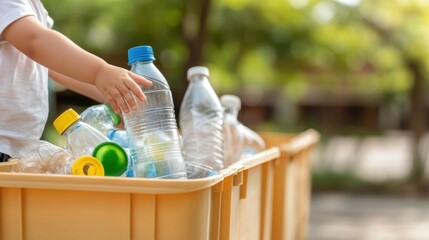A child placing plastic bottles into a recycling bin, promoting environmental awareness and responsible waste management.