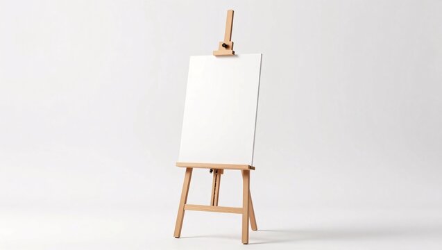 A classic wooden easel holds a blank white canvas on a clean white background, creating a perfect mockup for painting or art displays.