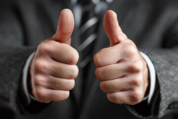 Close-up of adult man giving double thumbs up in business attire
