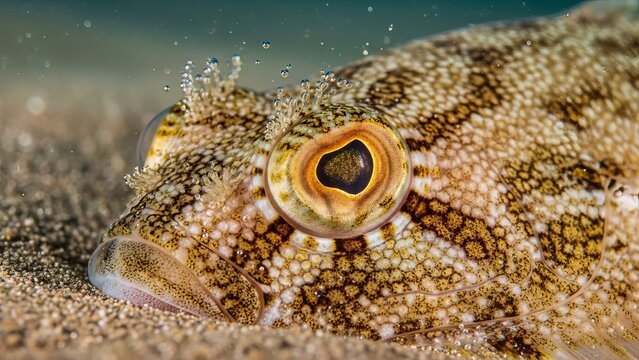 A close-up shot of a flatfish peeking out from underwater sand with intricate patterns and a large eye