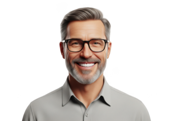 Smiling middle aged man wearing eyeglasses and gray shirt isolated on transparent background