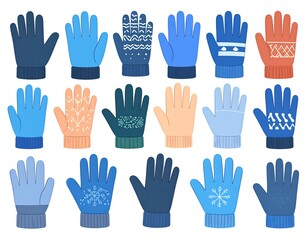 Fototapeta premium A collection of various colorful, illustrated winter gloves, each unique in color and design, in a symmetrical arrangement
