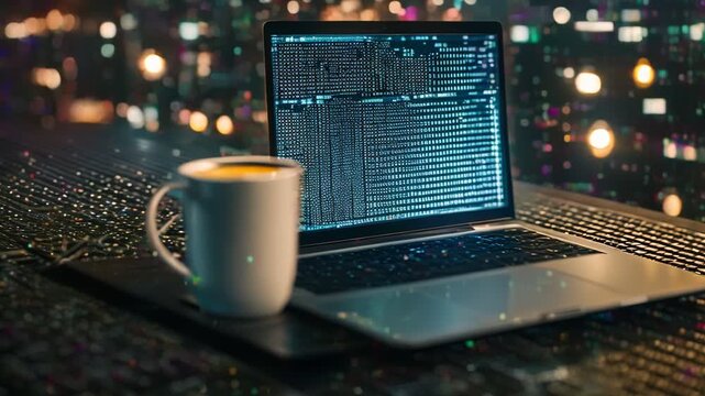 Cybersecurity or Coding Concept, Laptop Terminal Screen with Coffee Mug