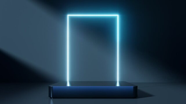Dark futuristic podium with glowing edges on a minimalist studio background, perfect for technology products, premium branding, digital presentation, and modern design, 3d rendering