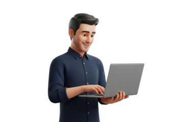 Man using laptop with confidence and smile isolated on transparent background