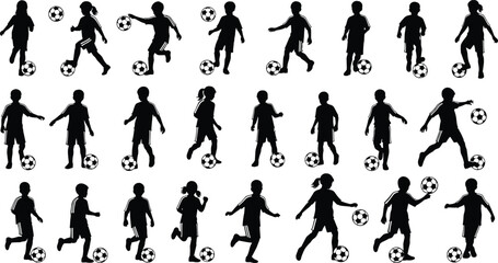 Kids soccer player silhouettes set, boys and girls playing football with ball, active children sports training poses, vector athlete outlines for club designs © Vector World