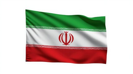 The Iranian flag waving with its distinctive green, white, and red colors and emblem.