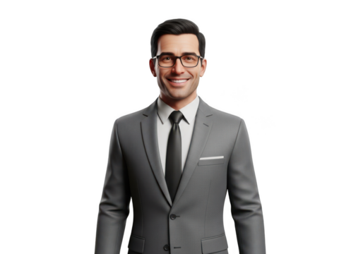 Confident businessman in gray suit and glasses isolated on transparent background - Powered by Adobe