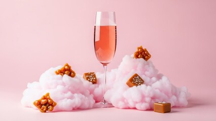 A champagne flute surrounded by fluffy clouds and cookies on a pastel pink surface from a frontal view