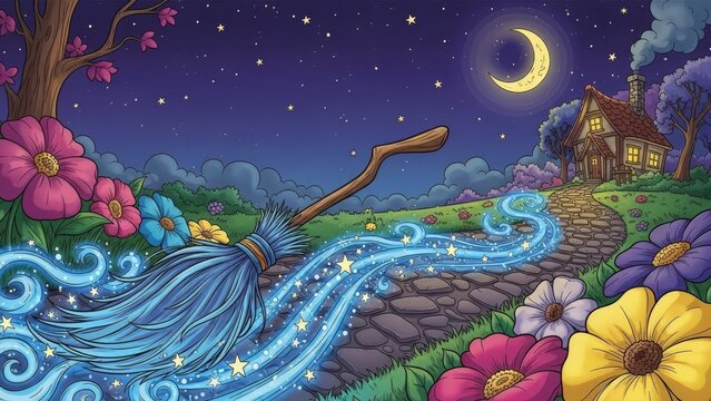 Whimsical broomstick soaring above a moonlit cottage surrounded by vibrant flowers on a winding stone path under a starry night sky