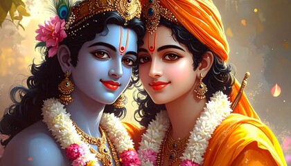 A digital illustration of two figures with blue and fair skin, respectively, adorned with traditional Indian attire and jewelry