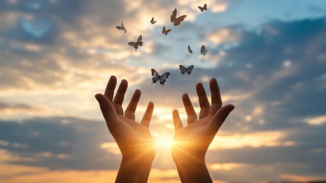 Soaring with Freedom: Hands release a flutter of butterflies against a dreamy, sun-kissed sky, symbolizing liberation, hope, and the pursuit of dreams.