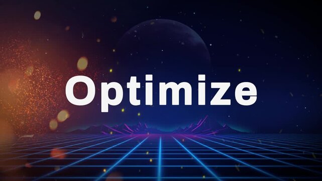 Striking digital animation prominently featuring the word optimize set against a dramatic futuristic synthwave space scene with glowing grid lines