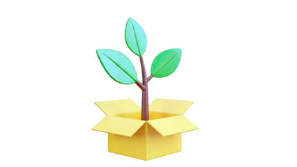 3D render of a young plant growing out of an open cardboard box