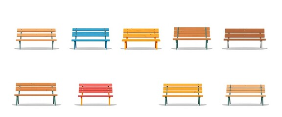 Collection of flat-style icons depicting various park benches, differing in design and material,  graphic design,  rest