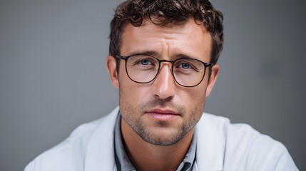 Fototapeta premium A focused professional a man wearing glasses and a white lab coat gazes intently