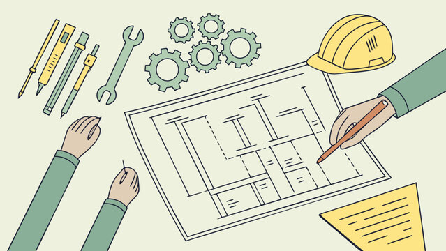 Architects planning a new construction project with blueprints and tools