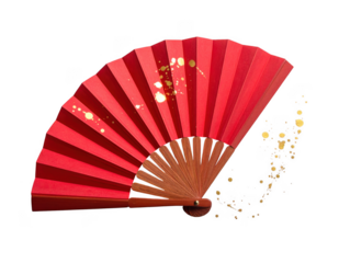 Red paper fan with gold splashes, isolated on white background