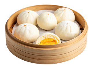 Steamed custard buns in a bamboo tray, isolated on white backgroun