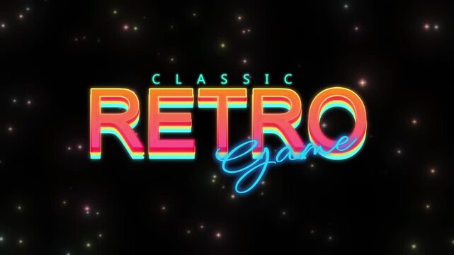 Vibrant neon text announcing classic retro game title sequence against a dark background filled with twinkling stars and bright light rays