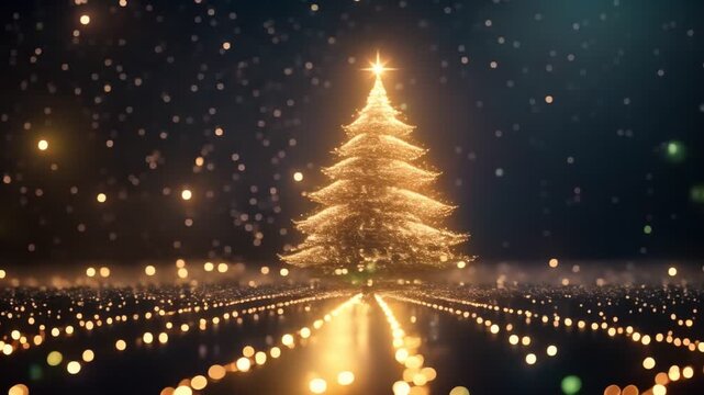 Glowing Golden Christmas Tree in Snow, Festive New Year Background