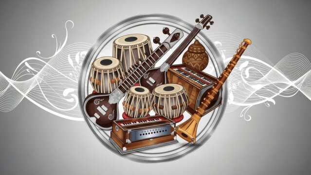 Vibrant collection of traditional Indian musical instruments on display