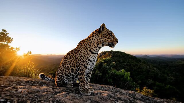 Majestic Leopard Perched Atop Rocky Outcrop Gazing Across Scenic Landscape.