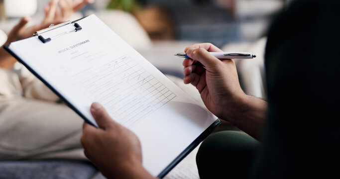People, hands and doctor writing with clipboard for health results, checkup policy or application. Closeup, nurse or survey form with clinic patient for healthcare exam, assessment or medical history