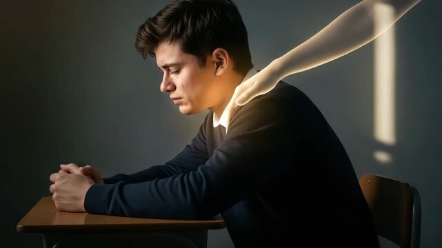 Glowing hand gives spiritual support to young man sitting at desk. Comforting presence offers emotional guidance, symbol of spiritual support during introspection,