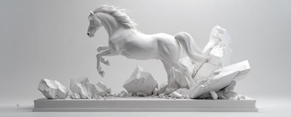 White horse sculpture depicted in mid-gallop atop a rocky pedestal, with a broken rocky base, showcasing detailed musculature and flowing mane, emphasizing dynamic motion and