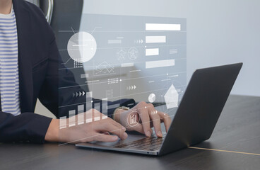 ノートパソコンでデータ分析の作業を行うビジネスパーソン　データサイエンスやマーケティング分析のビジネスイメージ