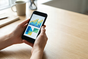 Close-up of hands holding smartphone displaying colorful business data charts and graphs over wooden office desk
