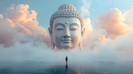 Buddha head floating in clouds