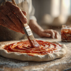 Close Up of Spreading Rich Red Tomato Sauce onto Pizza Dough with a Culinary Brush.