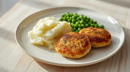 Mashed potatoes with peas and patties