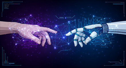 Human and Robot Hands Reaching Together with Glowing Neural Network, Concept of AI Evolution and Digital Transformation