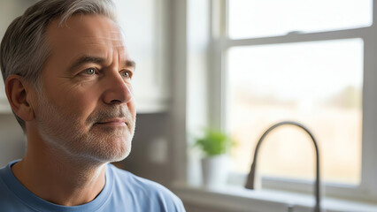 Elderly man thoughtfully looking out the window in a modern kitchen