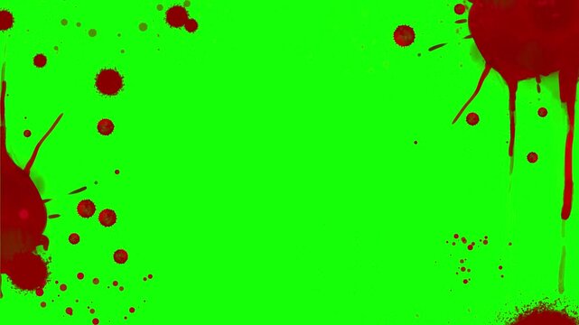 Crimson blood spatter stains frame a vibrant green screen background offering a perfect composite element for horror and graphic visual effects projects.