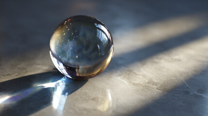 A crystal sphere casting shadows on a gray surface