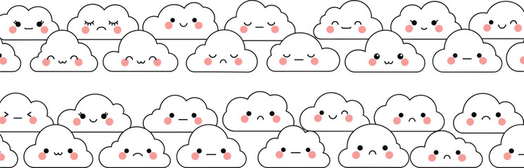 Obraz premium Cute smiling cloud seamless pattern with kawaii faces for children designs, playful backgrounds, and cartoon wallpapers
