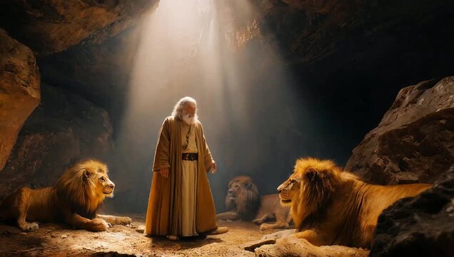 Daniel Surrounded by Lions in the Lion's Den. Biblical Scene of Daniel Being Protected by God. Biblical Story Scene