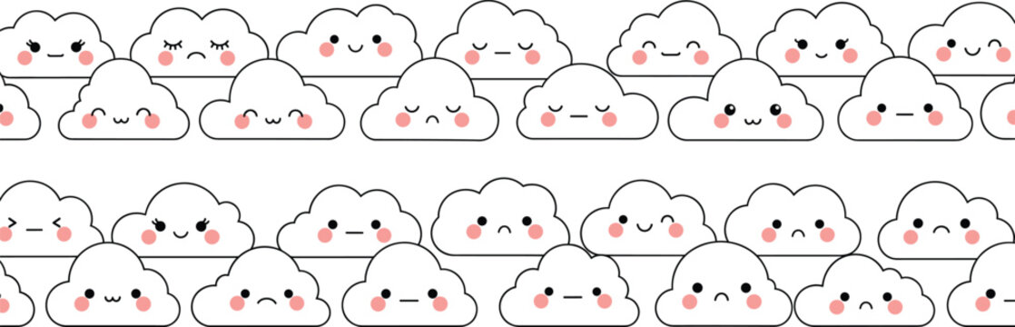 Cute smiling cloud seamless pattern with kawaii faces for children designs, playful backgrounds, and cartoon wallpapers
