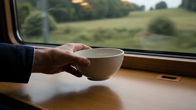 A person holding a bowl on a train window sill.