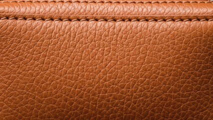 Close-up of brown textured leather surface with detailed stitching showing fine grain pattern and elegant craftsmanship