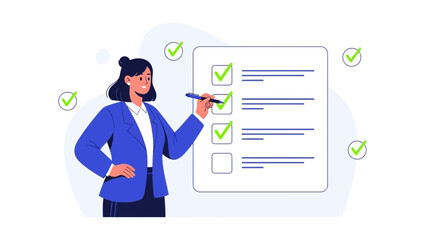 Businesswoman checking off tasks on a checklist, planning and organization concept