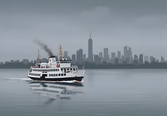 Obraz premium Ferry traveling on a gray, misty day with a New York City skyline in the background. Ferryboat cruising towards the city with a misty atmosphere, showing a quiet, urban transport scene.