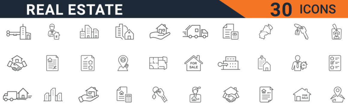 A comprehensive set of thirty minimalist outline vector icons representing various crucial concepts related to modern real estate transactions, property management, and agency services.